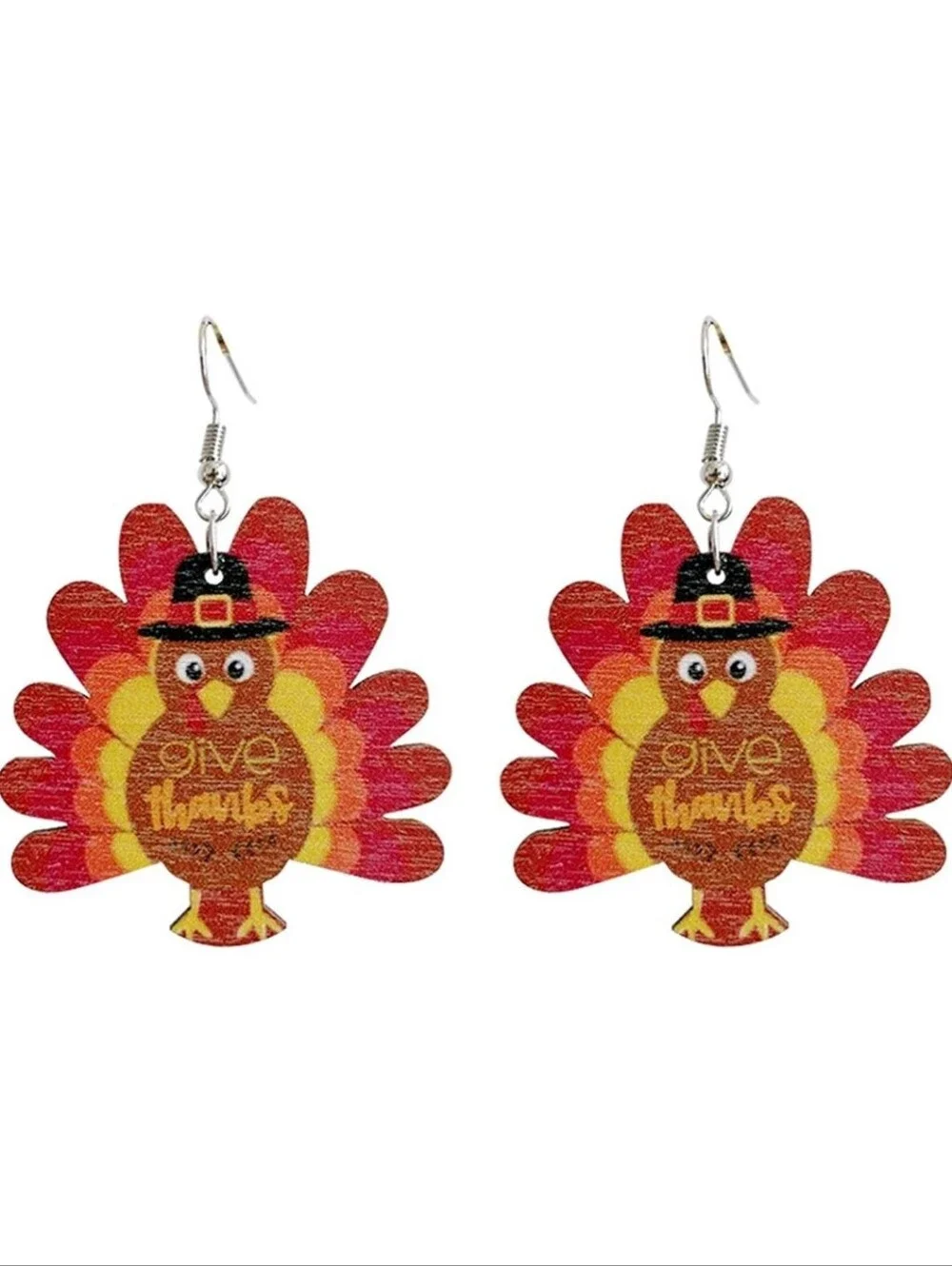 Give Thanks Turkey Dangle Earrings - Red and Yellow Thanksgiving Earrings